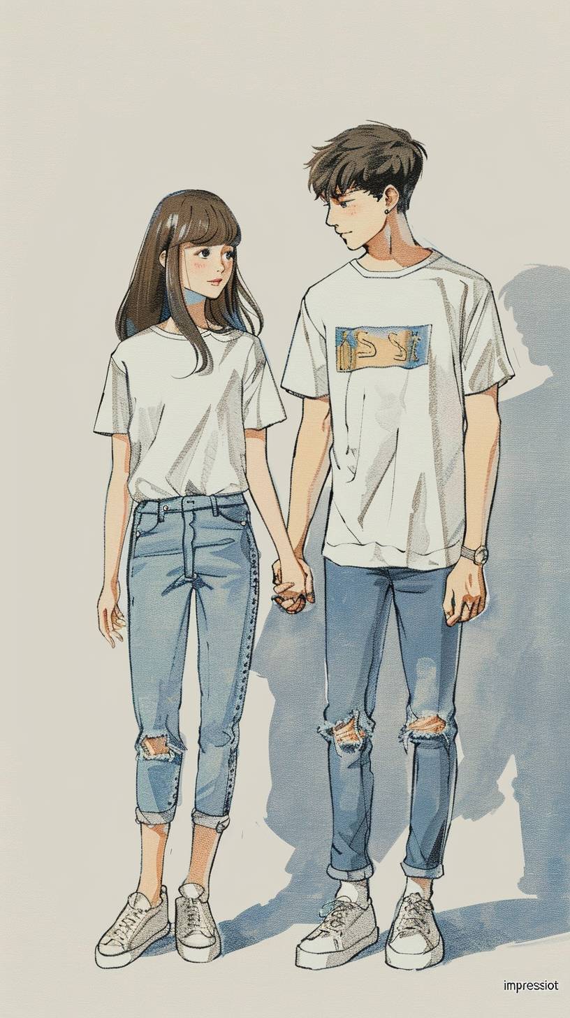 A young man and woman holding hands in a cute, simple illustration done in the style of Japanese anime. The colored pencil drawing has a soft color palette with a grey background and shows the full bodies of the subjects. It is done in an 'impressionist' style with high quality, high resolution, and high details. The art has high contrast, contour lighting, shadows, and a depth of field reminiscent of artstation trends. It has a sharp focus and is a 2D illustration with high detail, high resolution, and high definition.