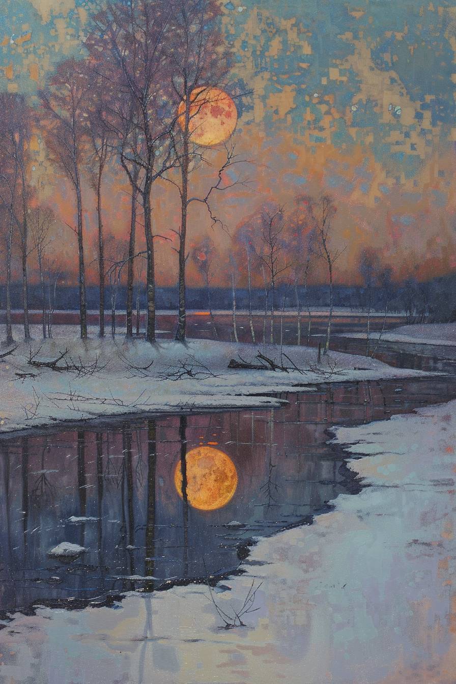 In the style of Clarence Gagnon, a lunar eclipse casting a shadow over the land