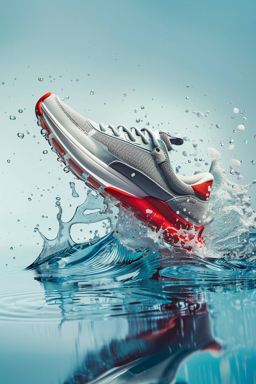 ダイナミックな水しぶきをまとったスタイリッシュなスニーカーが浮かんでおり、シューズのデザインとディテールを強調する、プロの製品写真