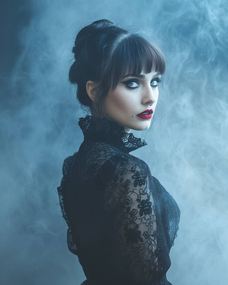 Eerie color photographic portrait of a woman in gothic style dresses, with red lipstick, misty dramatic style, 4:5 aspect ratio, version 6.0