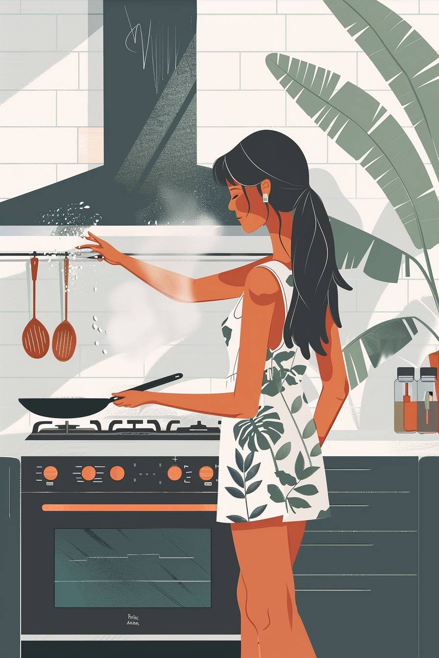 A girl stands in the kitchen, holding a frying pan above the gas stove, with her right hand and sprinkling salt on it with her left. The kitchen has a modern Scandinavian-style interior, with a flat and comic style illustration, minimal lines, and solid coloring. It incorporates everyday scenery and a summer atmosphere.