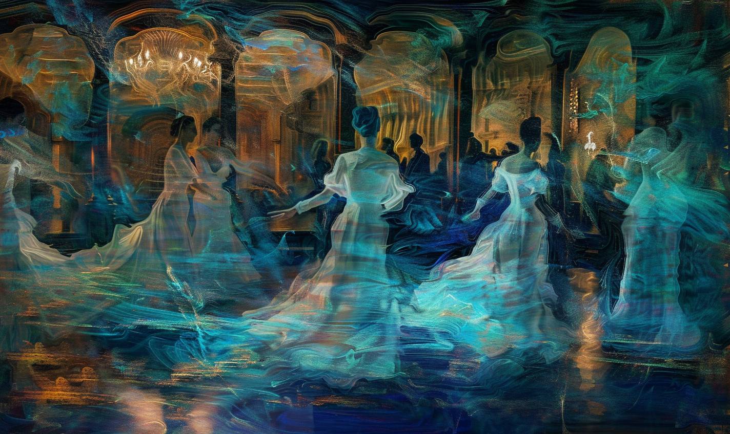 In the style of Vincent van Gogh, an ethereal ballroom with phantom dancers --ar 5:3  --v 6.0