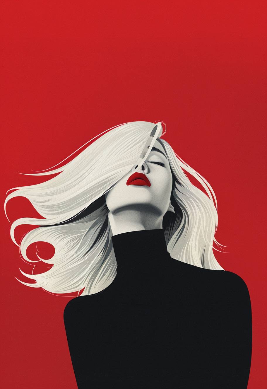 Minimalist retro illustration in the style of surreal women with white hair, black and white color palette against a red background with dark contrast, minimalism featuring simple shapes in a surreal style.