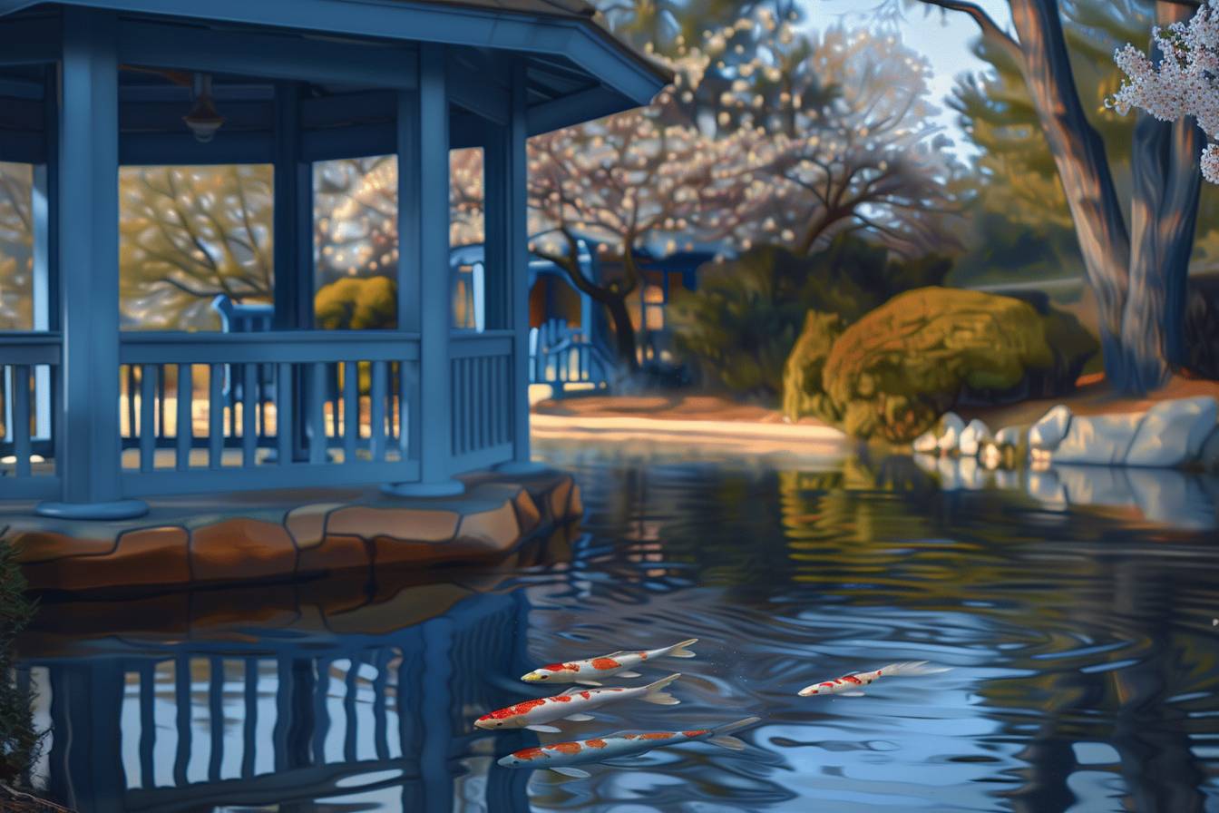 A tranquil Japanese garden with a koi pond, traditional teahouse, and blooming cherry blossoms.