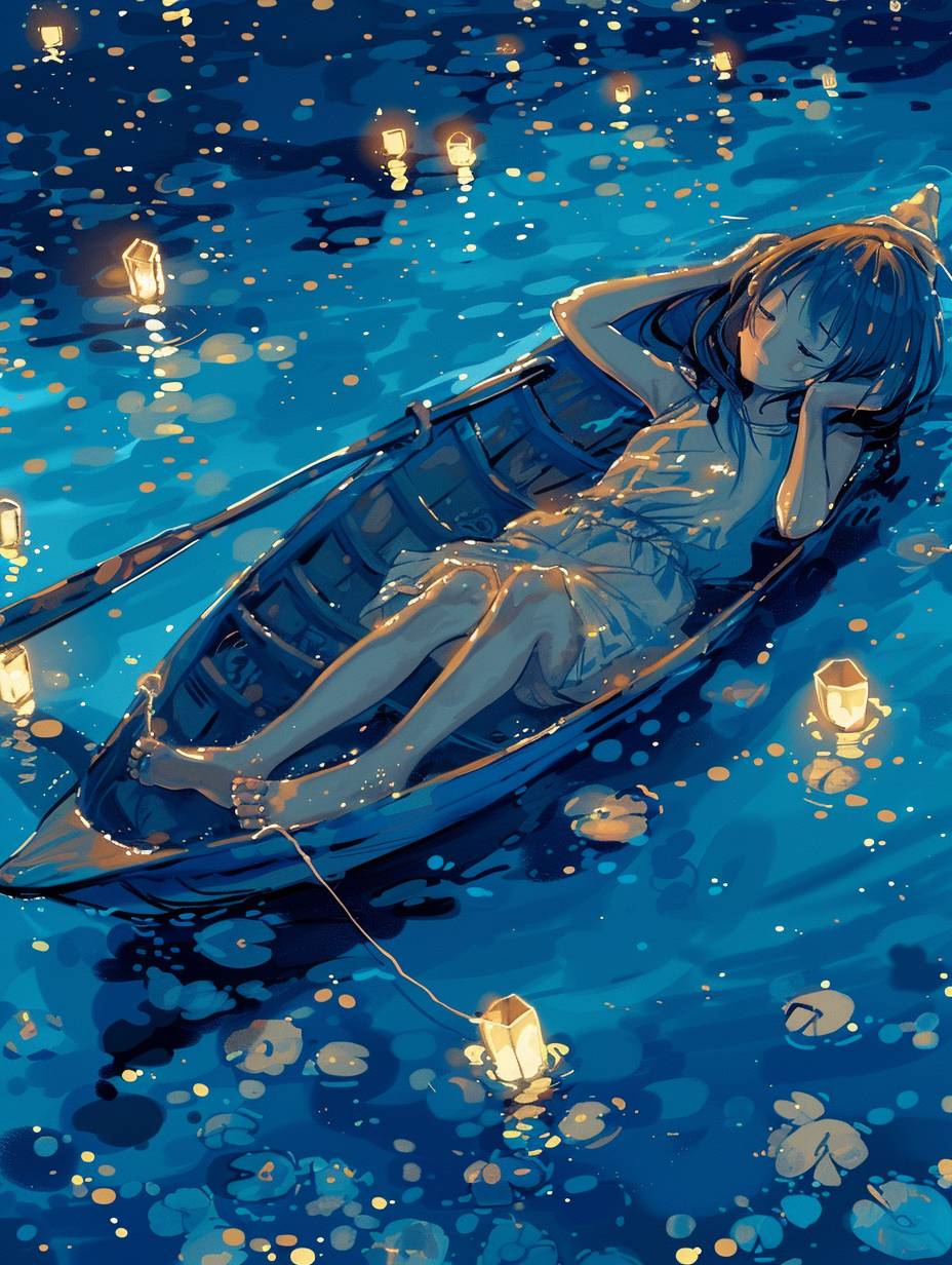 可愛い女の子が、宮崎駿スタイルのボートに横たわっている。透明な水。スタイルは日本のアニメカートゥーンのようなシンプルな青色トーンを使用しています。詳細なディテールを備えた上半身の肖像画です。夜中、水は星明りと空灯籠を映し出していました。