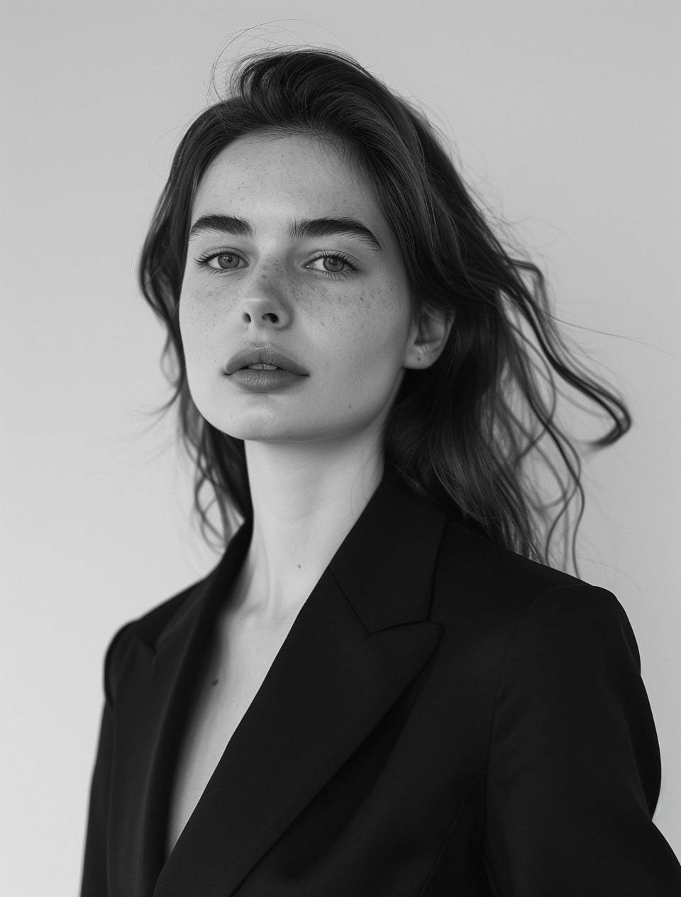 A headshot of a young woman clad in a black suit, captured in a classic black and white photography style, emphasizes her refined features under soft studio lighting. This portrait, defined by its subtle use of soft shadows, crafts an interplay of light that delicately frames her face, accentuating her expression and the tailored lines of her suit. The choice of monochrome tones enhances the sophisticated and timeless feel of the image, focusing on the depth and nuances brought forth by the soft lighting technique. This setup is perfect for conveying the subtle elegance and poised atmosphere of traditional studio portraiture.