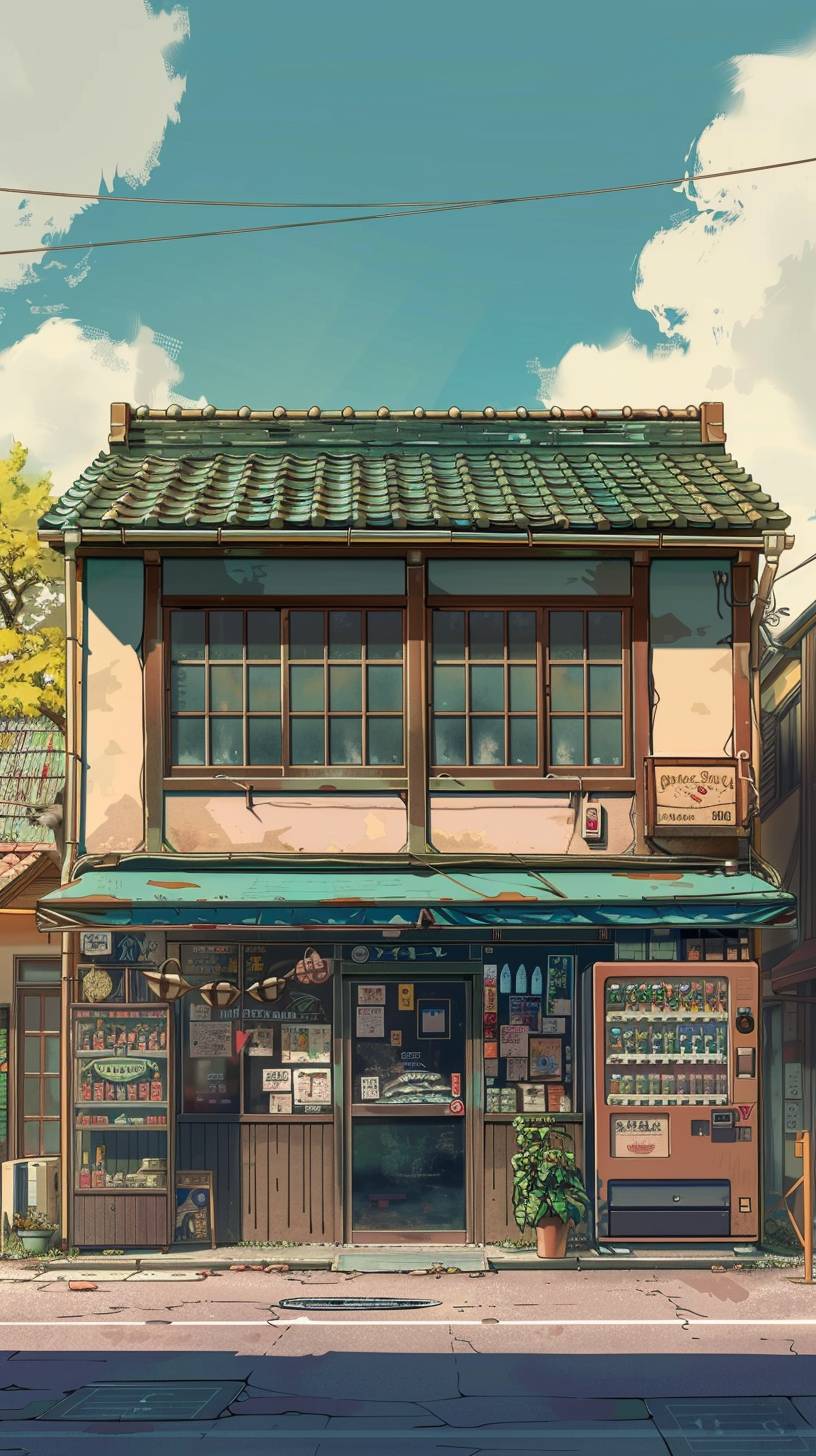 アニメ風のスタイル、小さな店舗の正面図、2階建ての小さな建物、4k