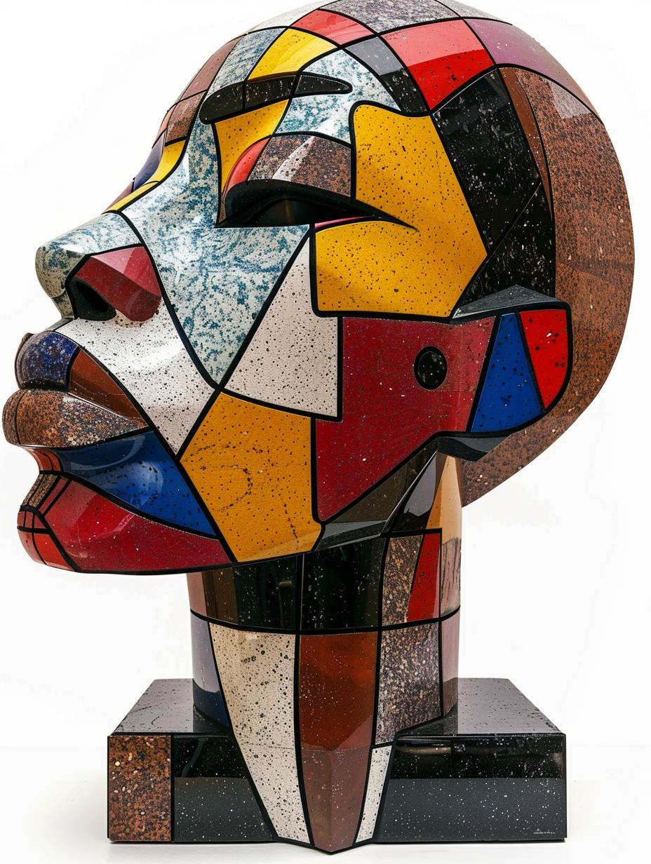 This is a sculpture of a woman's head made from geometric shapes, featuring vibrant colors and intricate patterns inspired in the style of Piet Mondrian. The facial features should be simplified yet expressive with bold lines, white background, with high resolution.