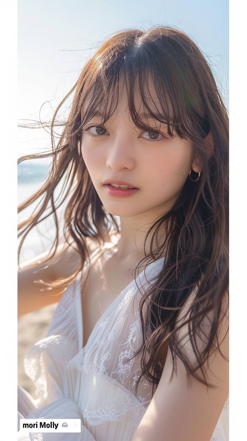 日本のInstagramのプロフィールページの写真、まりモリーについては美しい日本の女優、森ハムハシモトの長い髪と前髪を持ち、白いドレスを着た夏のビーチでのポージングを紹介しています。柔らかい光、温かい色、自然な印象、本物の肌の質感、リアルな写真で、Canon EOS R5カメラを使用して撮影し、森ハムハシモトのスタイルで撮影された写真です。