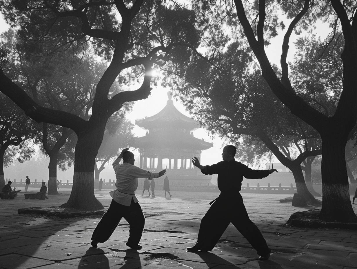 Couple practicing Tai Chi. Serenity and focus. Traditional attire. Shot in Beijing's Temple of Heaven Park. Taken at dawn in 2008. Ancient trees, a pagoda, other practitioners also present. Medium shot, full body capturing the scene. Captured using a Leica M8 camera with Kodak Tri-X 400 film. First light of the day, leaves rustling, high contrast.