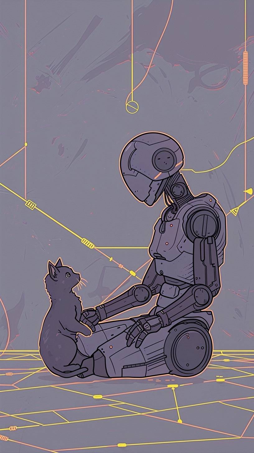 A minimalist drawing featuring a light purple background with yellow lines. In the center, there is a cute little dystopian robot sitting on the ground, stroking a kitten.