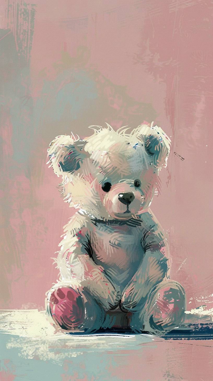 Pastel colored very tiny and cute teddy bear art piece, simplistic, hand drawn, solid colored background only, and towards the bottom center