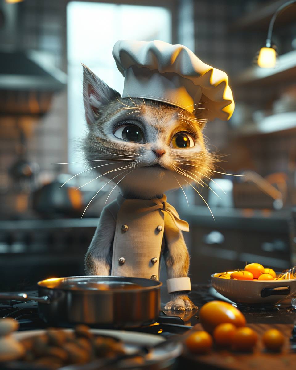 3D cartoon animation of an Innovative Chef Cat in a High-End Kitchen with Smart Appliances. Inspired by Disney and Pixar Animation.