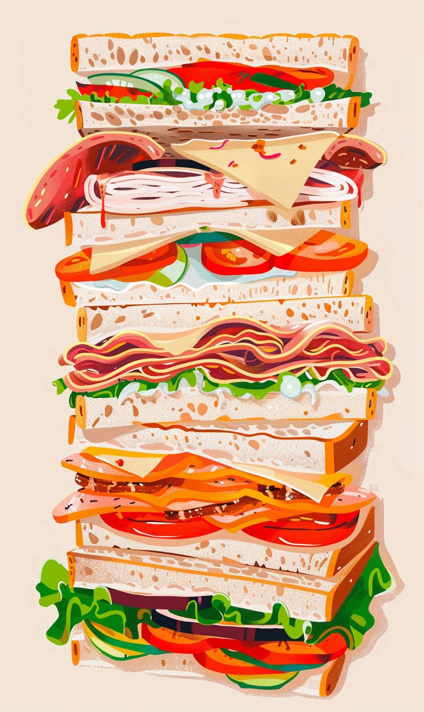Please create a Milton Glaser style graphic art of meat, chicken, and vegetarian sandwiches all on a light background