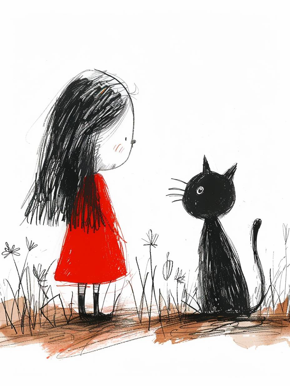 a child’s drawing, doodle of a girl in a red dress with a shabby cat, serene faces, hand-drawn scribble minimalist art, white background