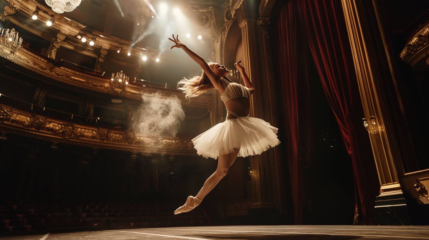 Ballerina in mid-leap, tutu fluttering. Graceful form. Intense focus. Classical theater. Spotlights. Velvet curtains, ornate chandeliers. Long shot, capturing the full stage. Dramatic lighting, highlighting the dancer against a dark background. High-speed capture.