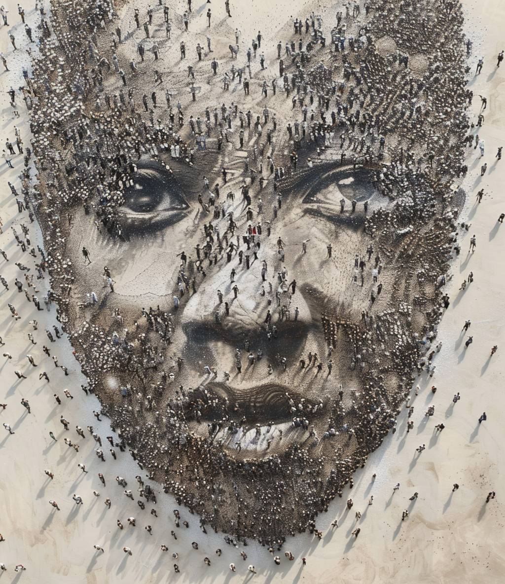 Someone has created a picture of a black female using images from hundreds of people, in the style of hand-drawn animation, gongbi, mote kei, detailed crowd scenes, aerial photography, airbrush art, spiky mounds -- chaos 10 -- ar 93:107 -- style raw -- stylize 50 -- v 6.0