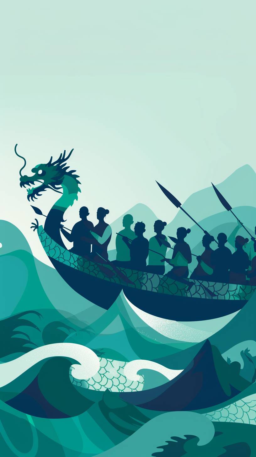 A group of people in the water for dragon boat racing, paddling with waves, blue and green tones, minimalist, design sense, illustrative design