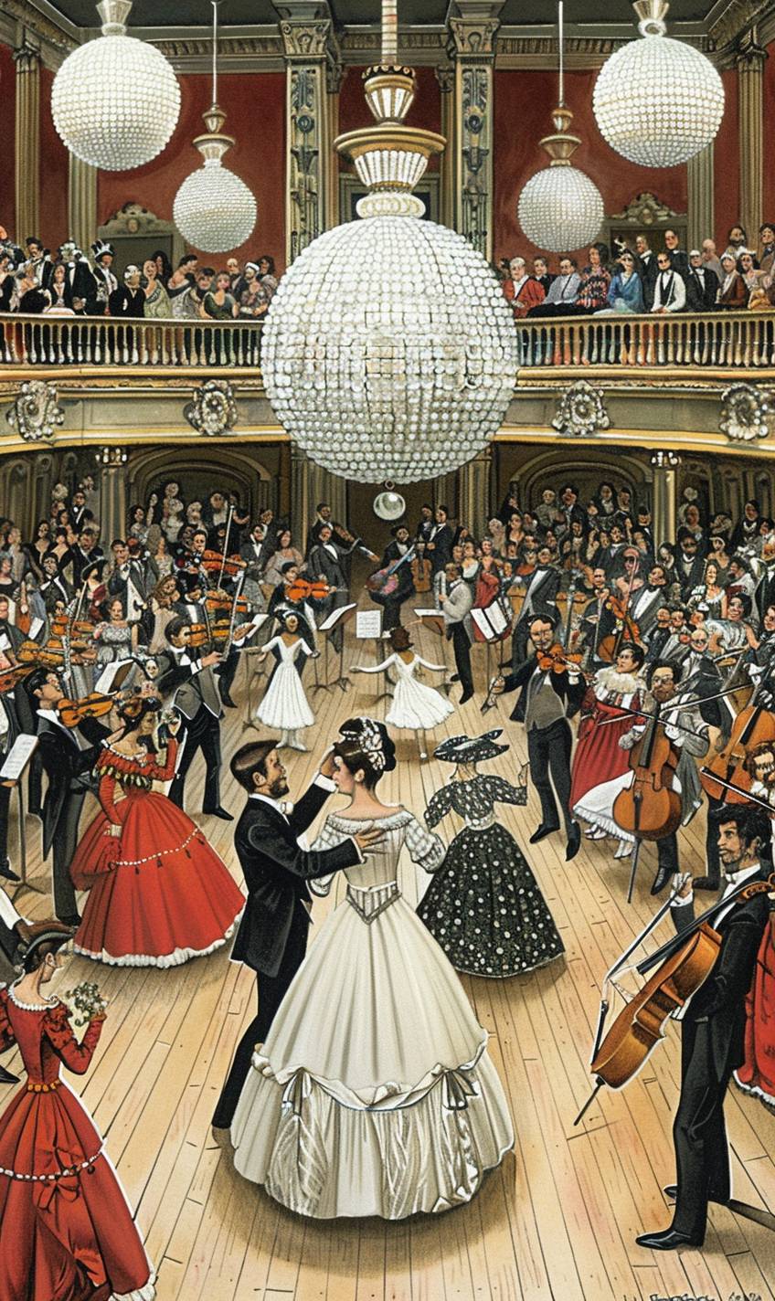 シャンデリアのついたエレガントなヴィクトリア朝のバルルーム、華麗な衣装で踊るカップル、生オーケストラの演奏、豪華で壮大な設定