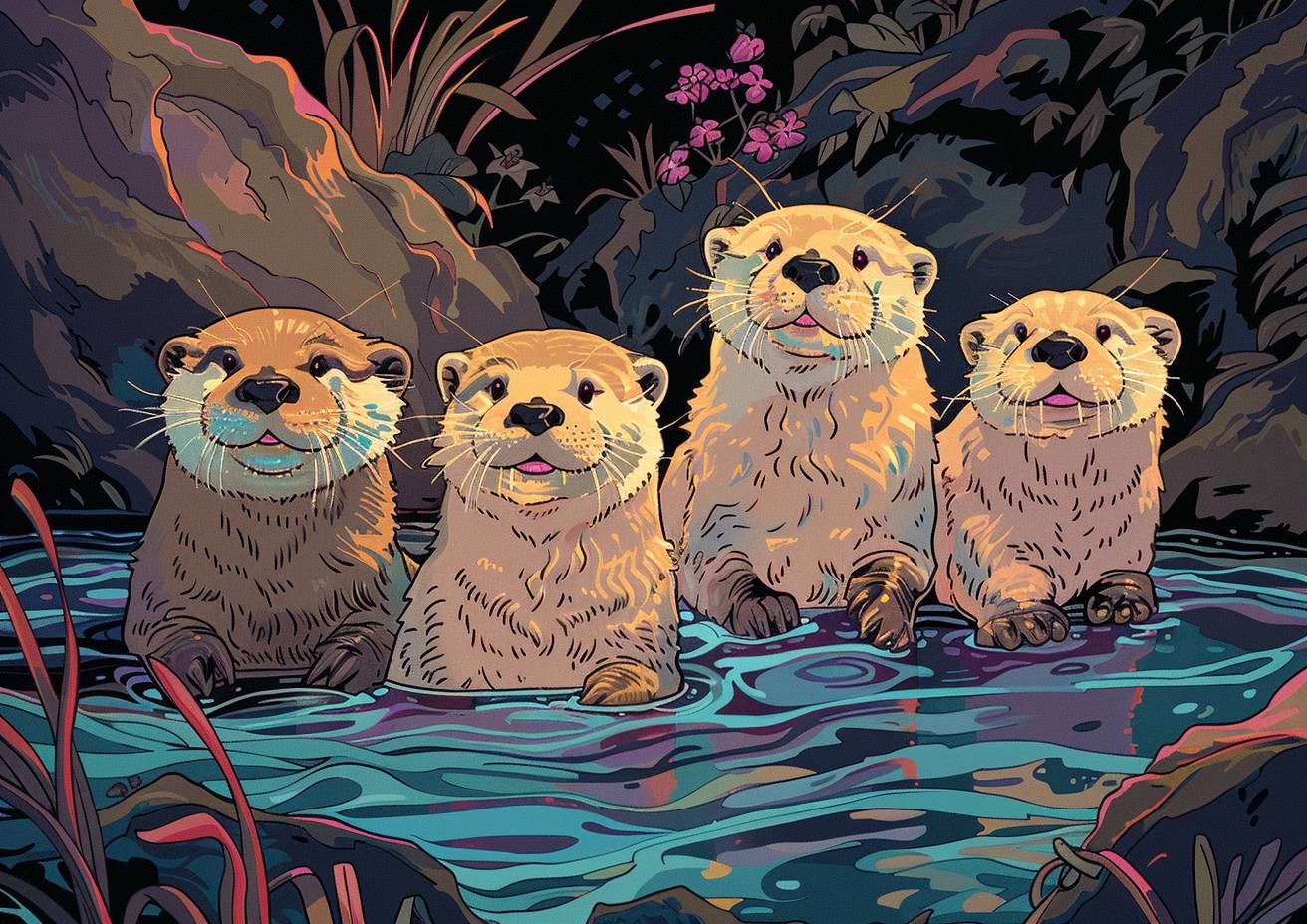 a drawing of playful otters in a river, in the style of pastel markers, quirky character design, pastel oil, subtle tones, cute core, polychromatic