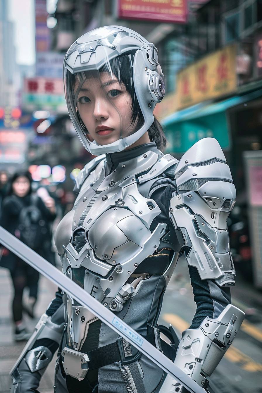 A beautiful cyborg princess wearing a clear glass helmet, she stood on the streets of Hong Kong in a light textured costume of mechanical steel, sword in hand, with sad eyes.