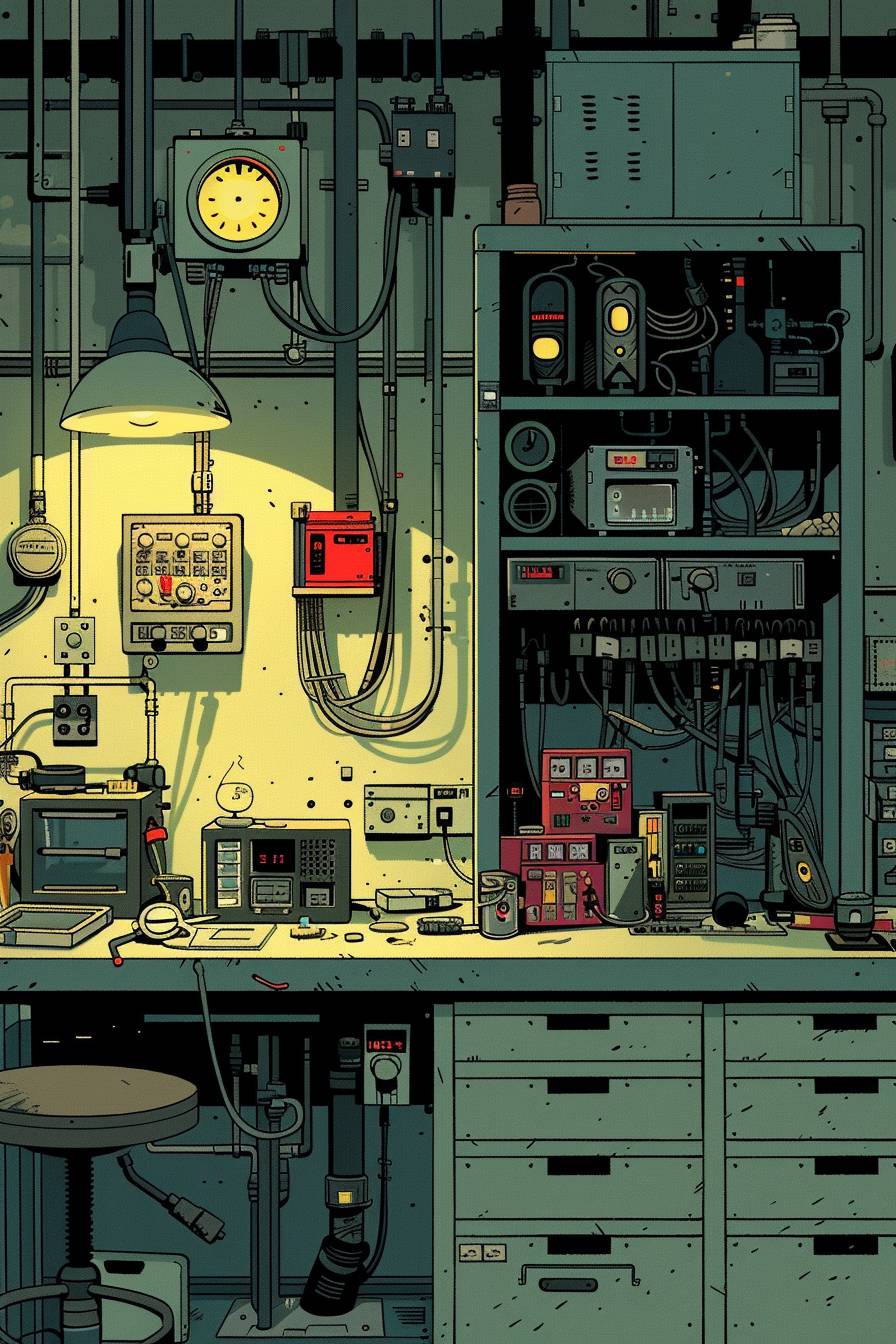 In style of Adrian Tomine, Steampunk lab brimming with mechanical marvels