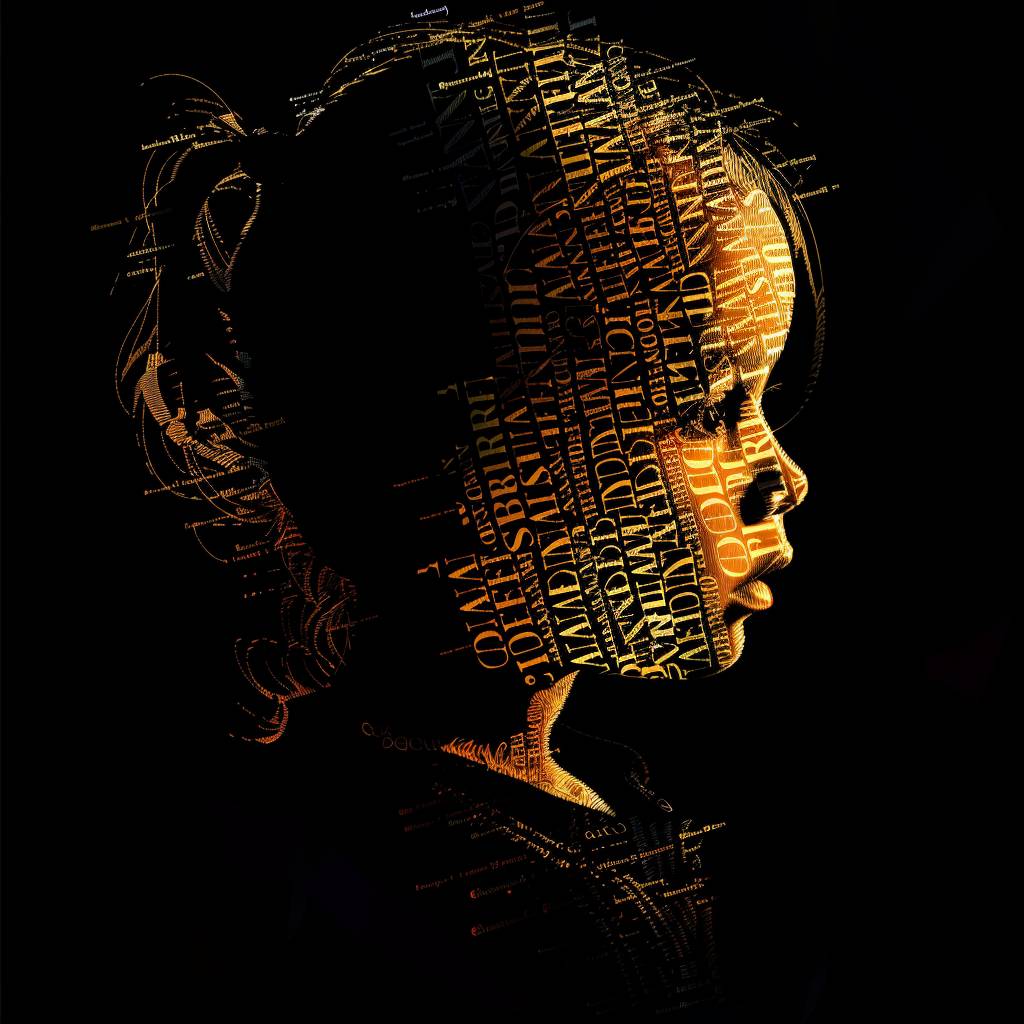 A portrait of a child made of words, in the style of vector illustration, golden light, high contrast, silhouette lighting, black background, typography art