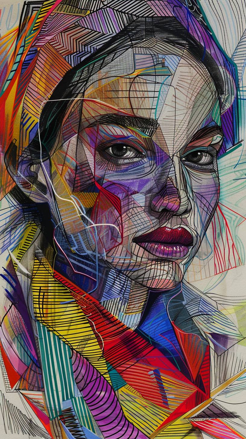 複雑な線画、幾何学模様、鮮やかな色彩を使用して若い女性の肖像が制作され、視覚的に印象的でしばしば抽象的な構成物に仕上がります。