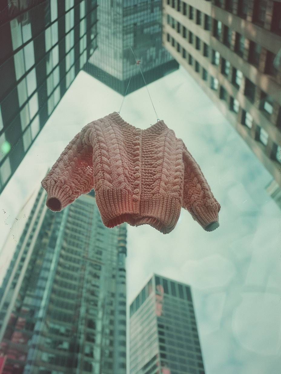 35mm photo, knitted woolen pink cardigan hanging from city skyscraper, vanishing point