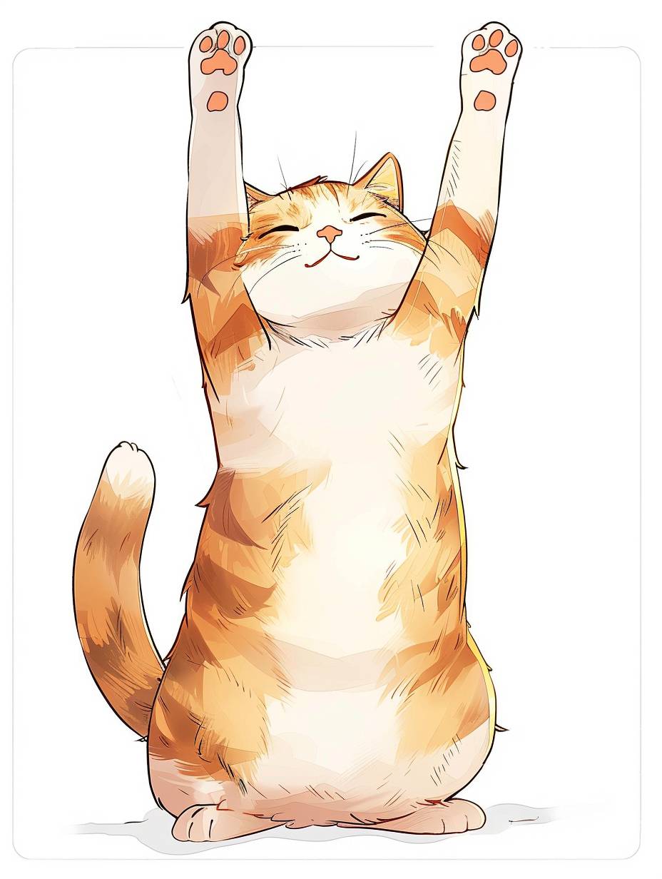 A chubby cat doing yoga, standing on its hind legs with one leg raised and the other leg straight out in front. The illustration is in the style of Japanese anime, with a white background. It has a flat design, with bright colors, and the character's body should be drawn from head to toe. The overall composition conveys an adorable atmosphere. This artwork will capture your attention by showcasing cuteness and charm in the style of Japanese anime.