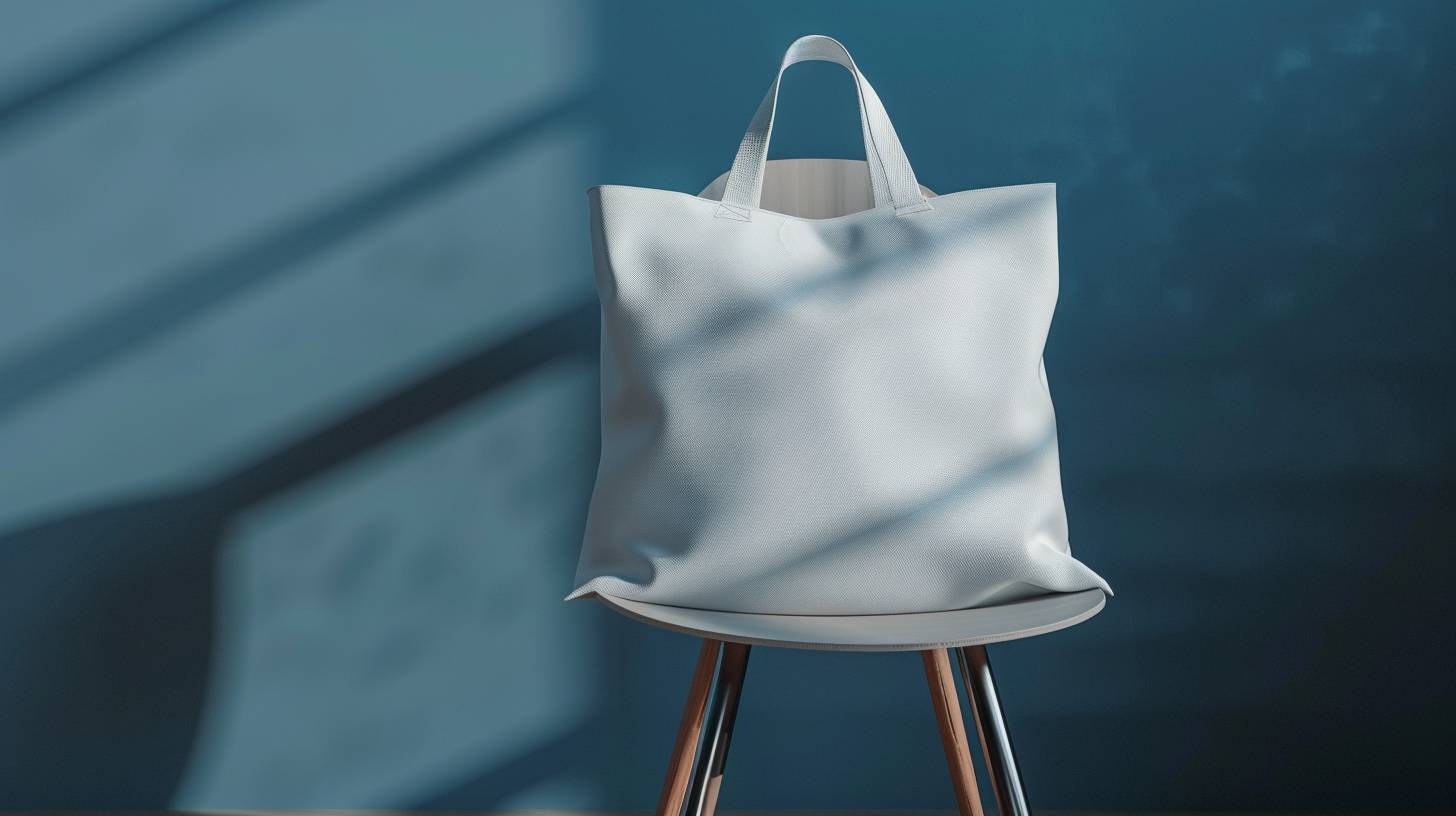 Realistic white tote bag on a chair, blue infinity background