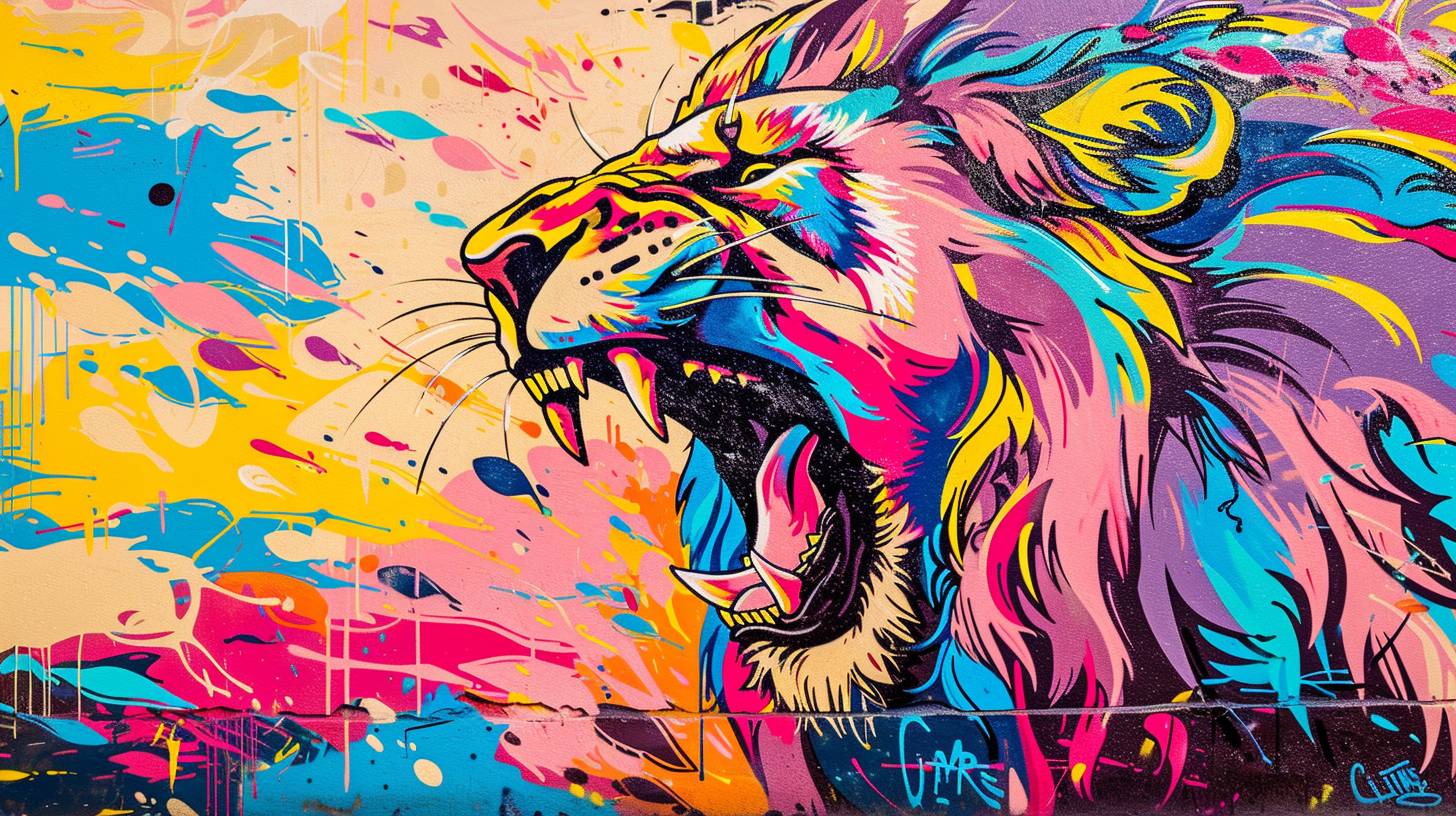 a modern graffitti wall art depicting a roaring lion in dynamic pose, roaring, picturesque setting.