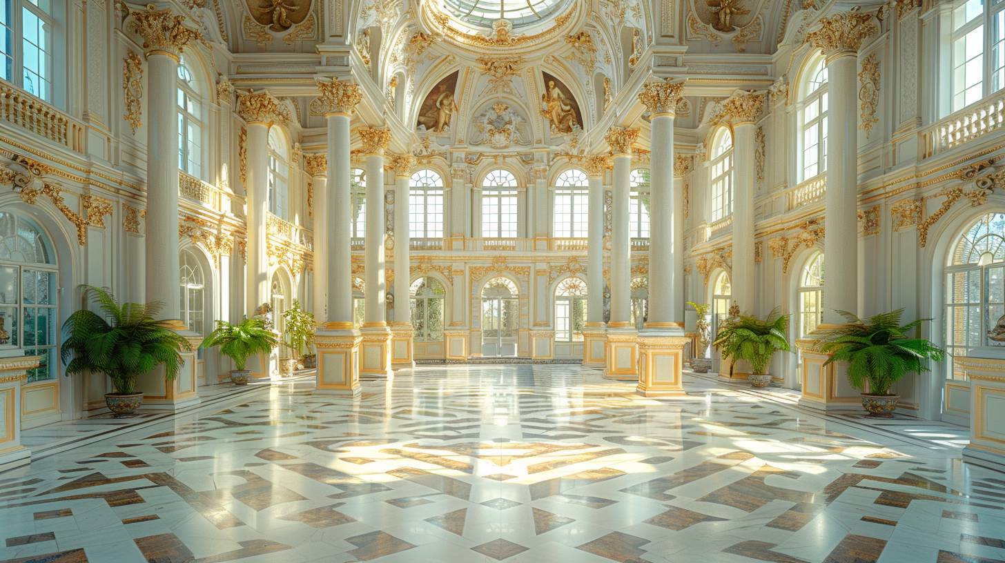 Hall of a magnificent baroque palace filled with golden statues of skulls and paintings of skulls, beautiful staircase, Renaissance paintings, marble columns, high plants, large windows