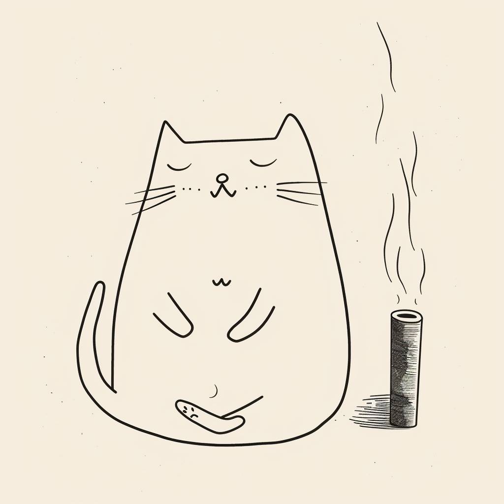 ヨガをしている単純な線画の猫がいます。猫の横には燃えているパロサントスティックがあります。猫は非常にリラックスしており、ミニマリストで、白い背景、ヴィンテージイラストスタイル、Jean JullienやRyo Takemasaのスタイルになっています