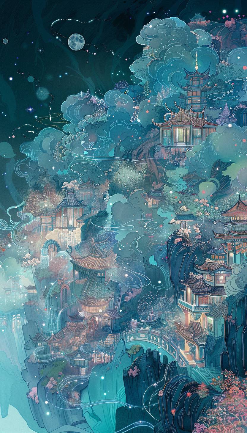 In style of Miho Hirano, Celestial city bathed in starlight