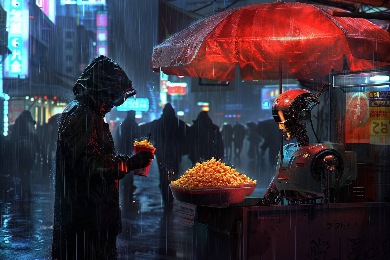 A street-food seller selling pop-corn to a robot in a rainy city, cyberpunk style