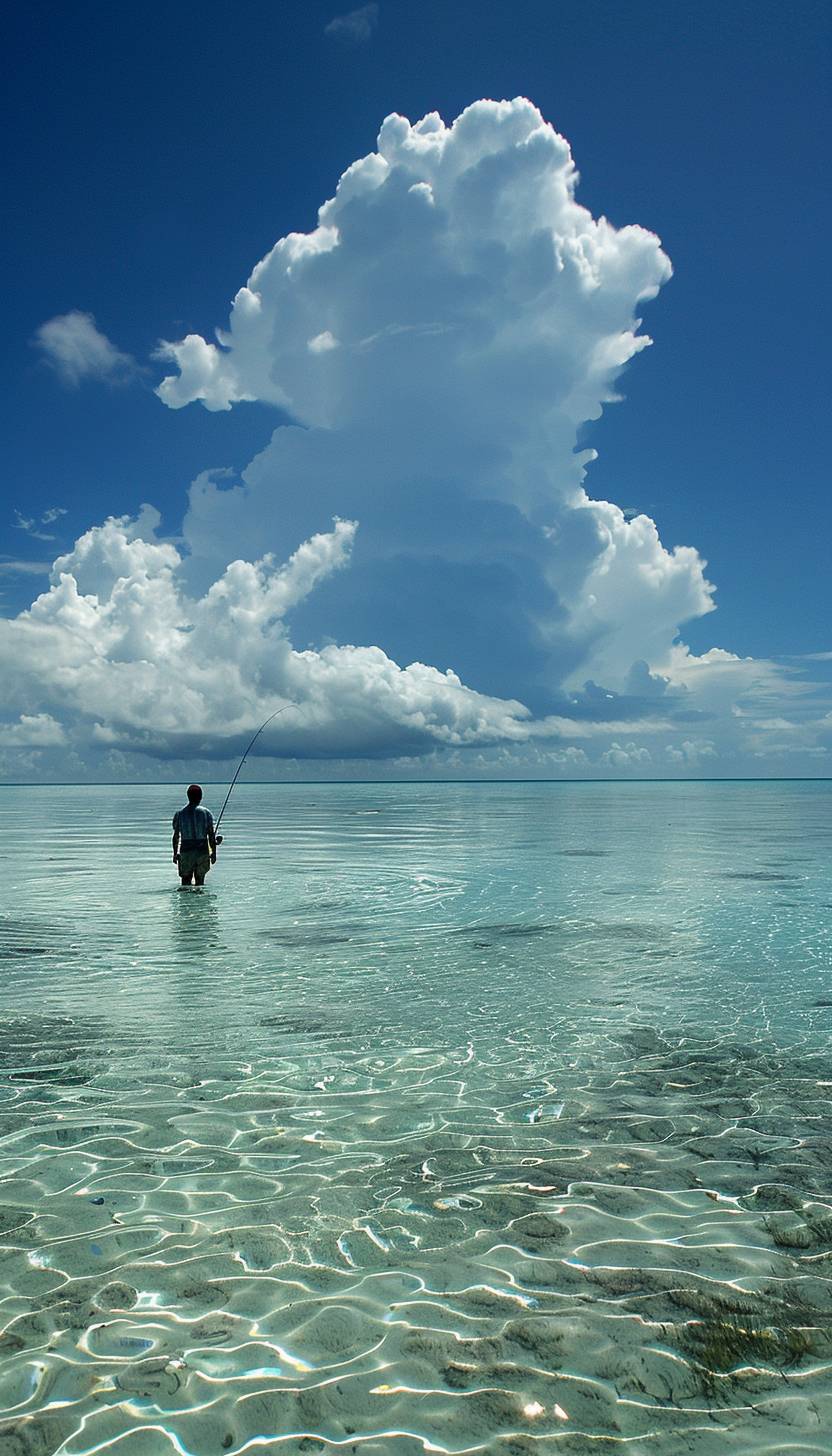 Salt water fly fishing for bonefish in the Bahamas, realistic with clouds in the background that are not too dark.