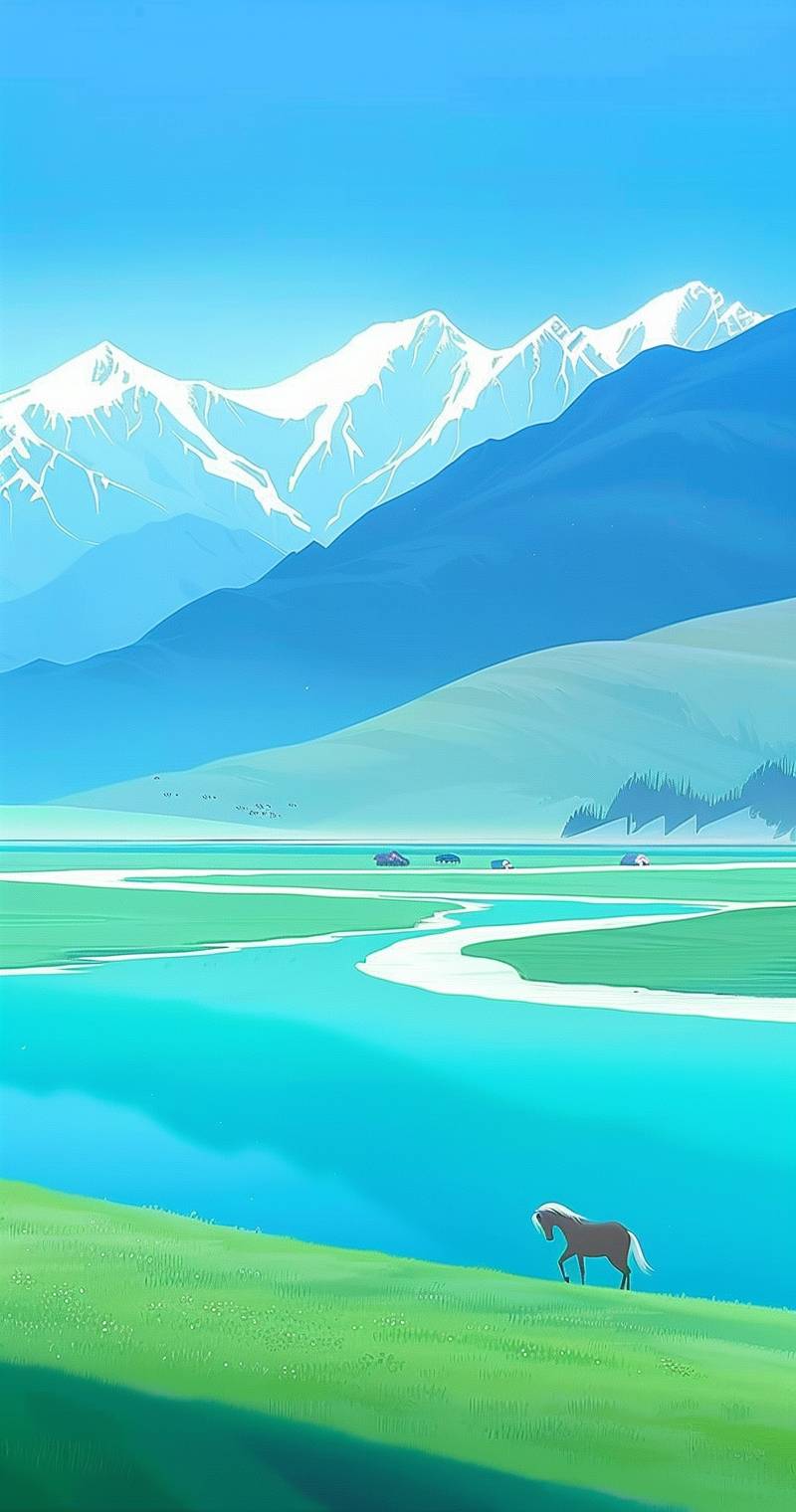 In the spring, there is green grass on both sides of the river with snowcapped mountains in the distance and a clear blue sky. A horse walks alone by the lake, surrounded by vast meadows and distant villages. The flat illustration style creates an atmosphere full of vitality. It uses bright colors to highlight fresh natural scenery. In closeup shots, you can see that it presents delicate lines and soft lighting effects. This scene seems like a picture drawn from nature itself, in the style of nature itself.