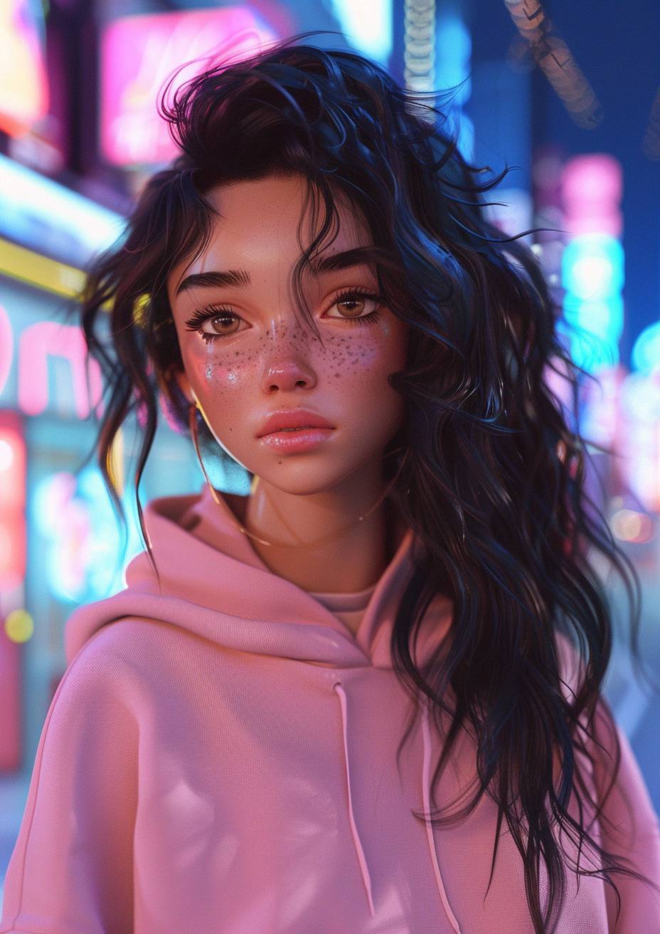 anime; cartoon; ultra realistic; pink city, young girl mixed race, named Laura Rijo, wearing pink hoodie, wavy black hair; in a anime city, ultra realistic, toca boca life world perfect, no imperfection, 4K, sad