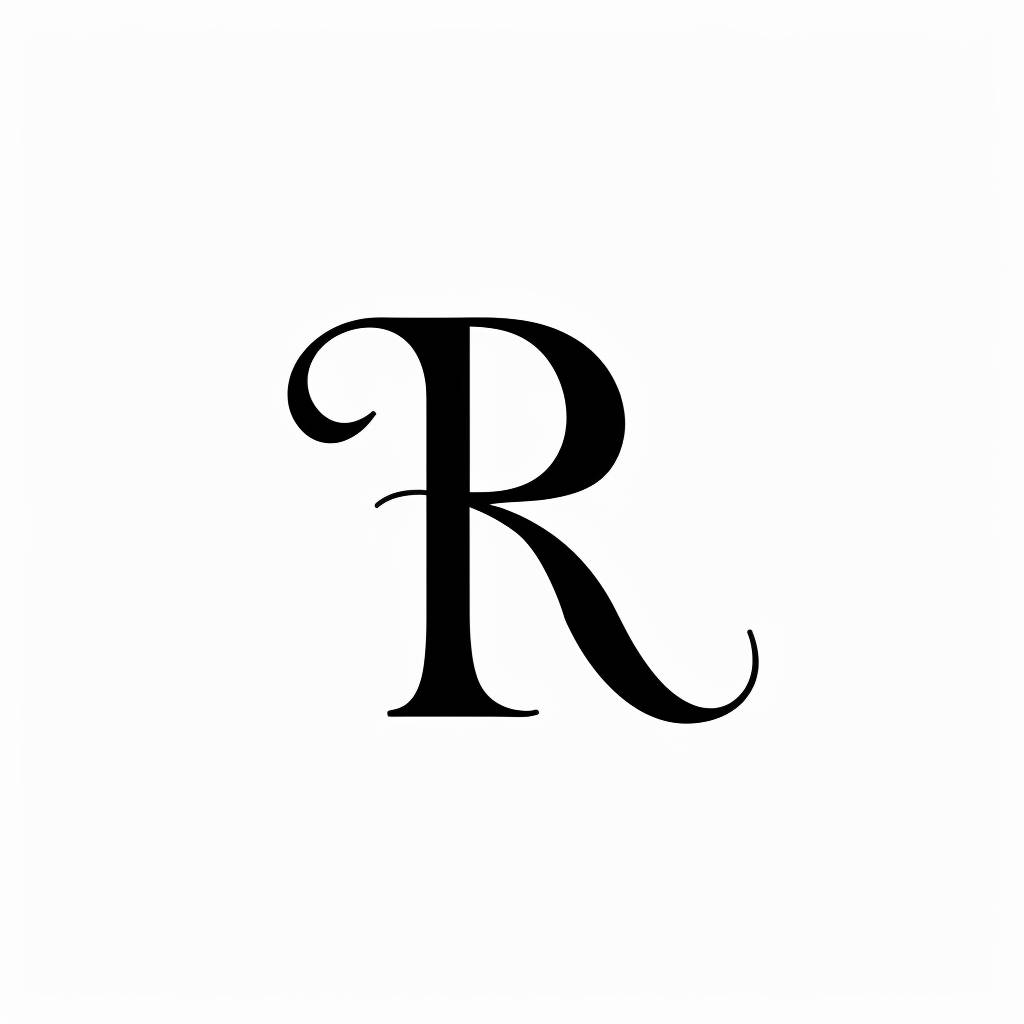 Company logo with the letter R, minimalist, with a white background and black writing