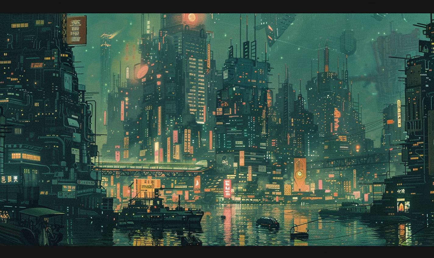 In the style of Ohara Koson, a cybernetic cityscape teeming with artificial life
