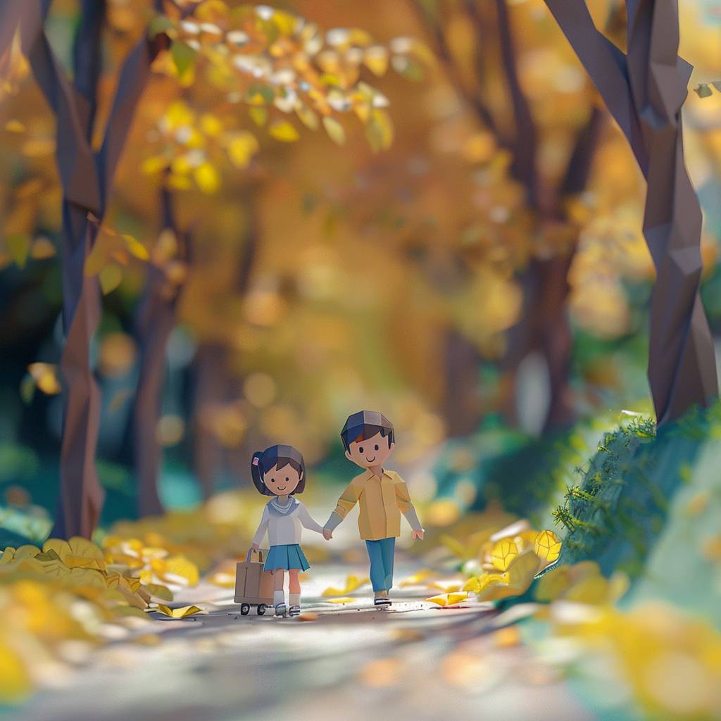 The childhood sweethearts walked hand in hand on the campus path, smiling brightly, depth of field control method, origami style, 16k, high resolution--ar 3:2  --v 6.0