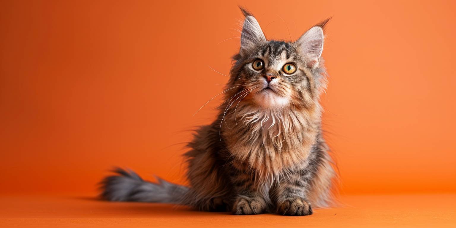 Full-body cat, a fluffy snowcat, solid color background, orange background, high resolution photography