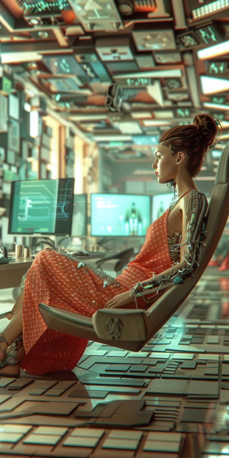Create a realistic and natural portrait image of a beautiful cyborg woman in the style of 2050, sitting at a modern and bright desk. The woman is radiant, smiling, laughing, attractive, supermodel-like, and relaxed. The background is the design of a 2050 corporate office with large glass windows. Outside is a modern city illuminated in bokeh style. Inside the cyborg woman's office is the natural sunlight of the mid-afternoon. The cyborg is working in front of multiple computer screens on a very well-designed and tidy desk, nothing is out of place. Hyper-realistic 4K photo required.