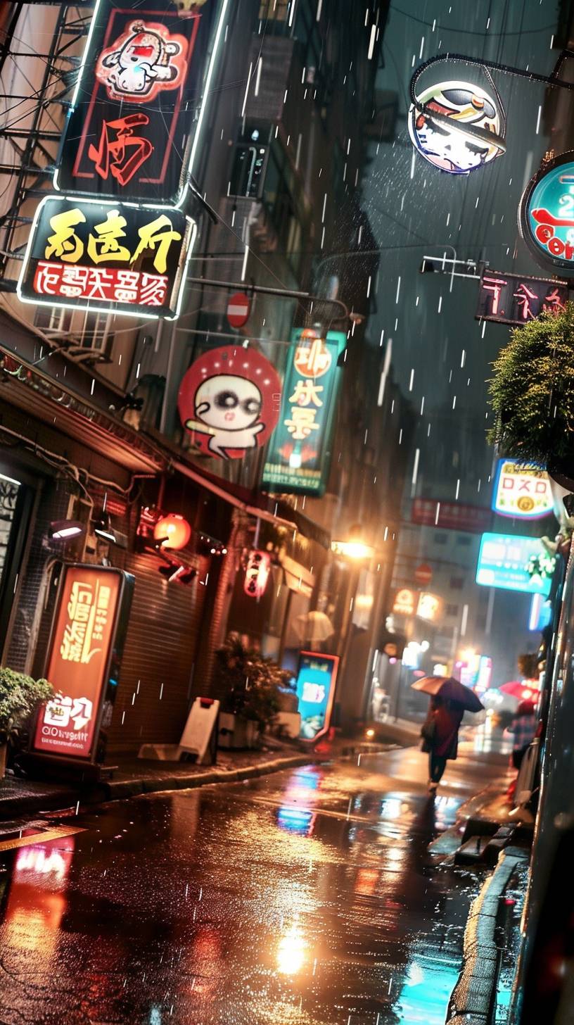 Cyberpunk cityscape at night, neon signs, rain-soaked streets, futuristic buildings, people in high-tech attire, glowing holograms