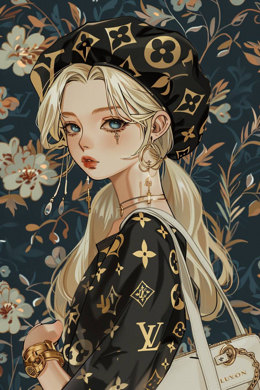 A beautiful blonde girl with blue eyes is wearing a black and gold Louis Vuitton monogram patterned beret hat and carrying a white handbag against a floral background in the style of Hikari Shimoda. The character design is inspired by anime with detailed facial features, colorful caricature, kawaii aesthetic, bold patterns, and typography in the style of Gucci.