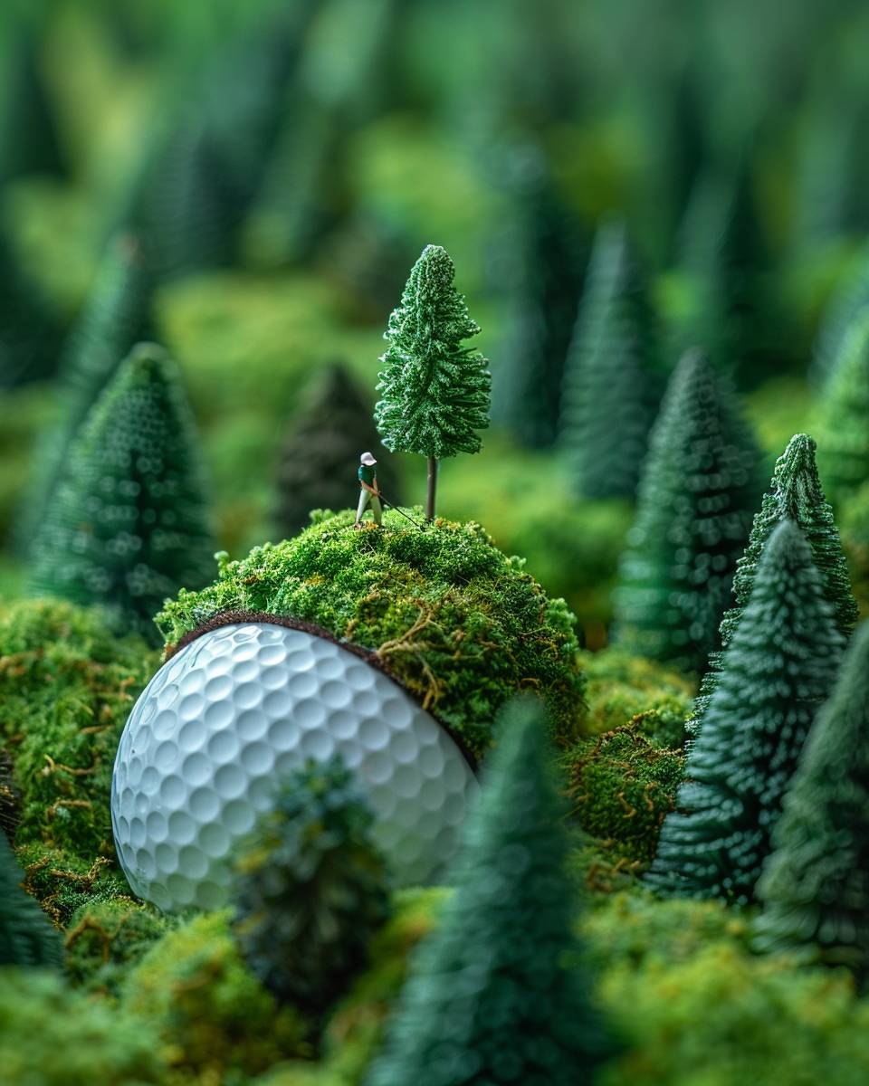 A tiny human is playing golf on top of an oversized white golf ball, surrounded by lifelike green grass and trees, against a solid color background. The scene is rendered in high resolution, with lush greenery and small pine trees adding depth to the miniature world. This artistic representation captures the essence of a serene game moment within nature's embrace.
