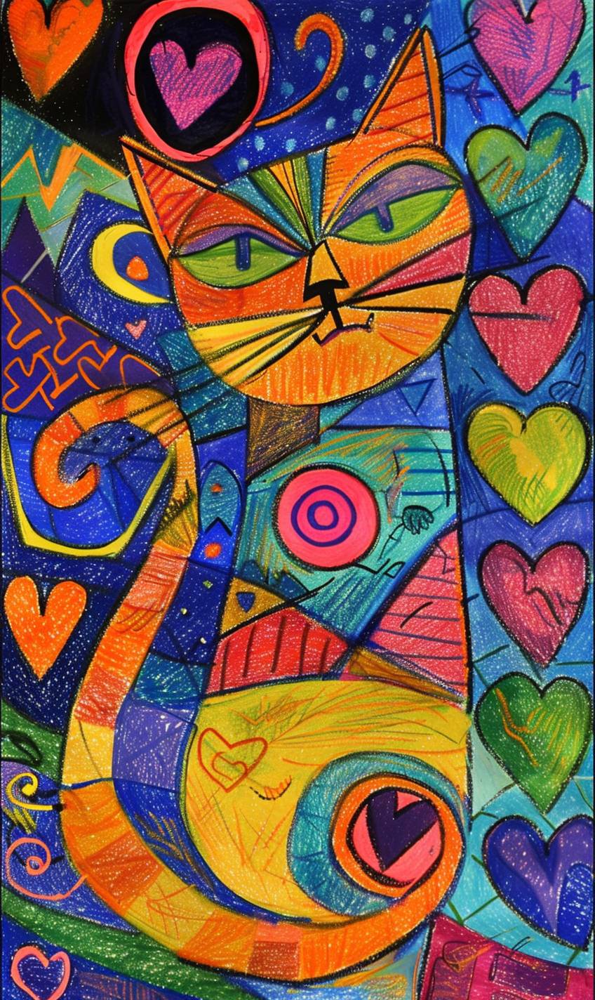 Risograph print of an oil pastel holographic scene with a cat, in the art style of Itzchak Tarkay. The artwork features a myriad of heart patterns, rich front and back views, and color blocks expressed in a simplistic manner. The style is reminiscent of surrealism, with predominantly bright and colorful hues, resembling oil paintings and sketchy fauvism in the style of Maira Kalman and Matisse.