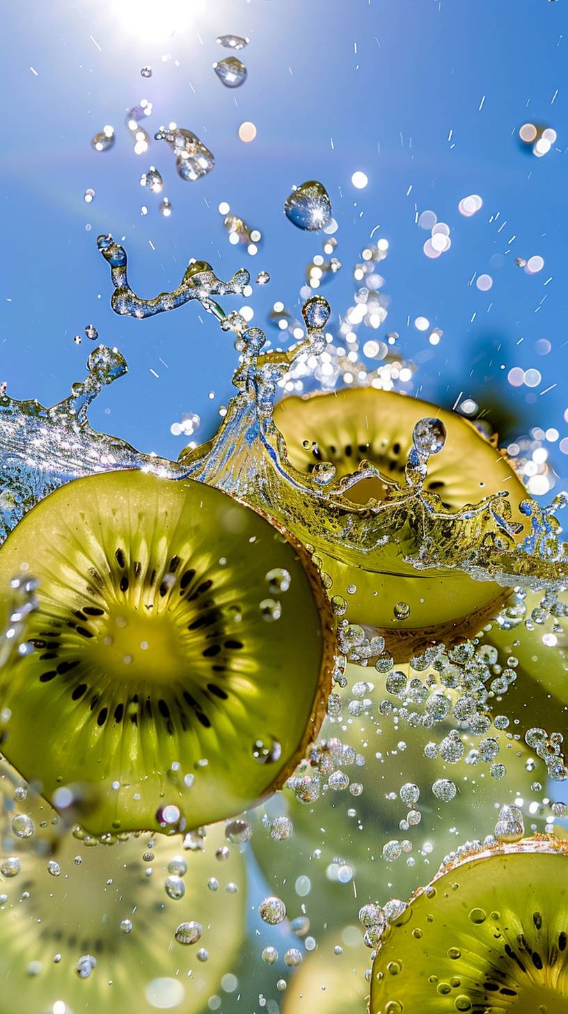 Kiwi fruit juice waterfall splash, liquid explosion, 2-3 delicate kiwi slices, super wide angle, bright blue sky background, surreal style, fresh fruit color, focus on kiwi fruit, realistic, ultra-fine detail, depth of field, high resolution, captured by Canon --chaos 10 --aspect ratio 9:16 --style raw --v 6.0