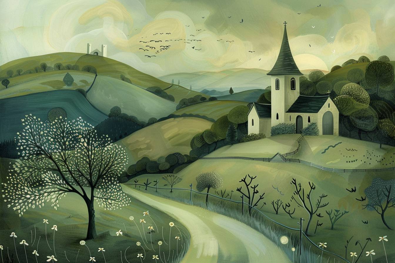 In style of Amanda Clark, stunning natural landscape, church --ar 3:2  --v 6.0